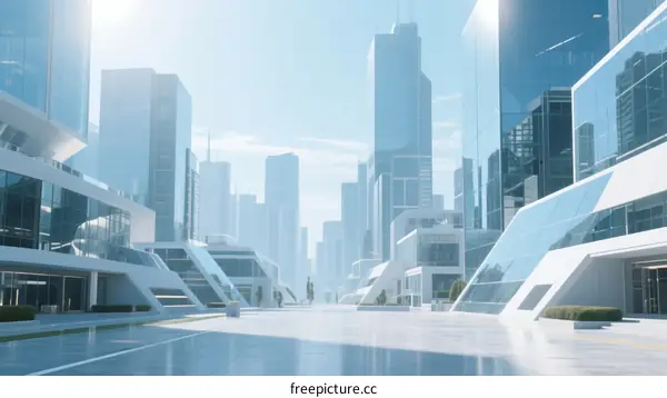 Modern Urban Cityscape with Sleek Glass Buildings and Clear Sky