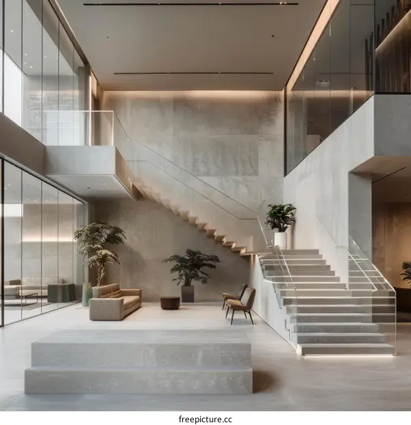 Modern Building Staircase with Glass Walls and Stone Floor