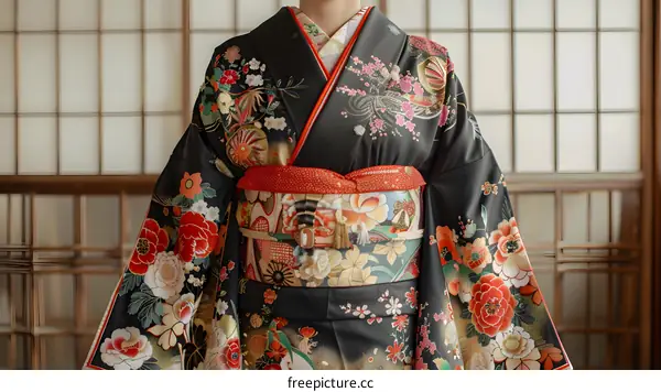 A woman wearing a black kimono with red and gold floral patterns.