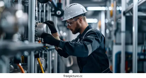 Technician in protective workwear and safety helmet is working on gas pipeline maintenance at industrial plant
