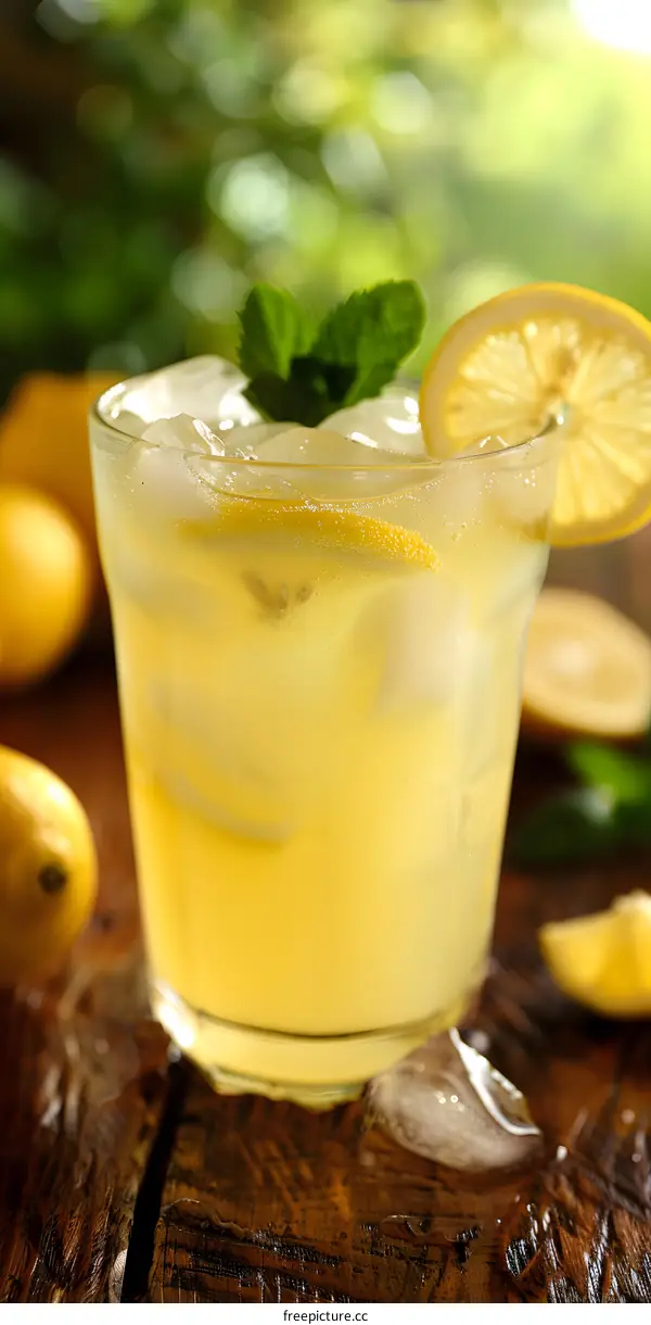 Glass of Cold Lemonade with Lemon Slice and Mint