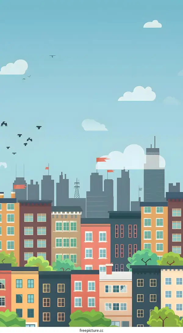 Colorful Cityscape with Blue Sky and Clouds