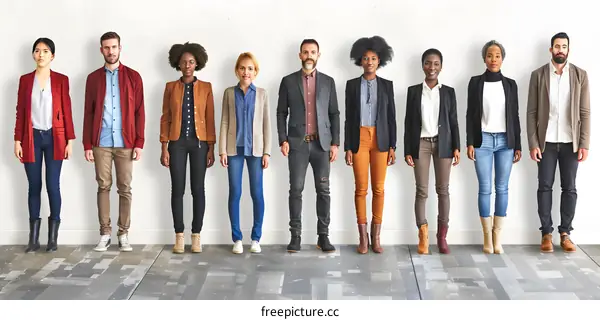 Diverse Group of People Standing in a Line Against a White Wall