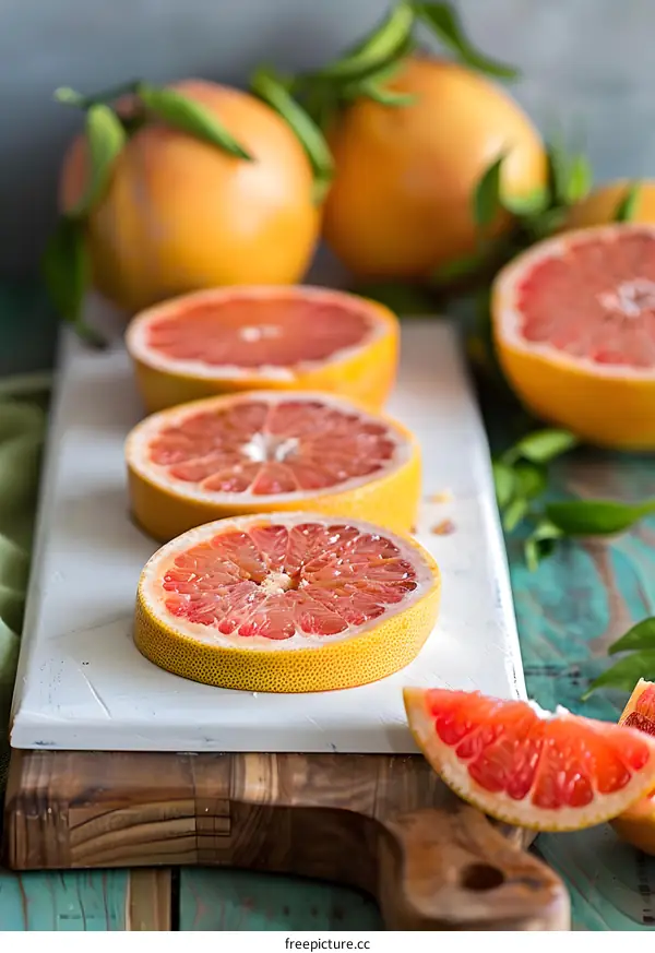 Fresh Grapefruit Slices On Cutting Board