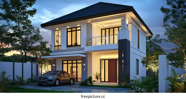 Modern Two Story Home With Car And Garden