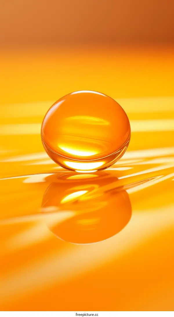 Close-up image of a clear ball floating on the surface of a yellow liquid