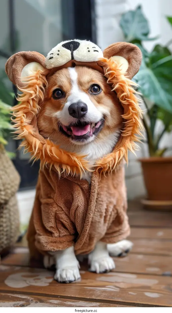 A cute corgi dog wearing a lion costume