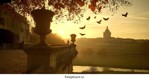 Golden Sunset Over the Cityscape with Birds in Flight