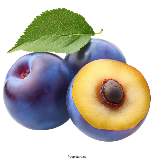 [Transparent Background PNG]Close-up of fresh plums with leaves
