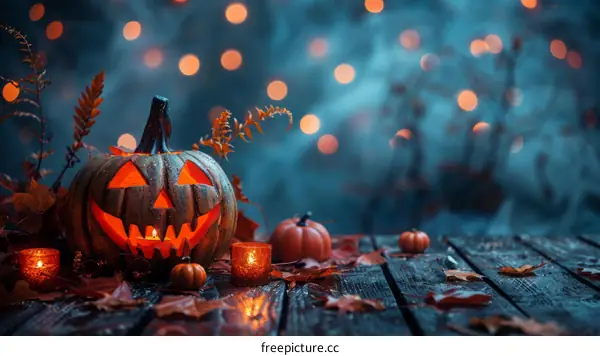Spooky Halloween Pumpkin with Candlelight in the Dark