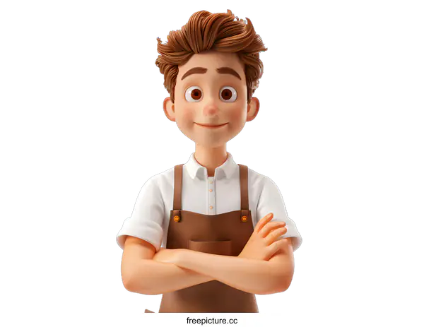 [Transparent Background PNG]Cheerful 3D cartoon character of a young man wearing an apron.