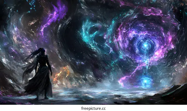 A Figure Stands Before the Cosmic Vortex