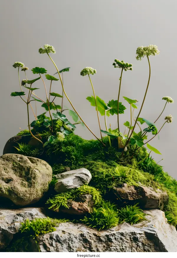 Green Moss and Rocks with Small White Flowers