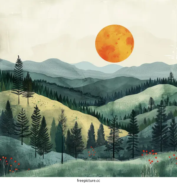 Rolling hills and a large setting sun landscape