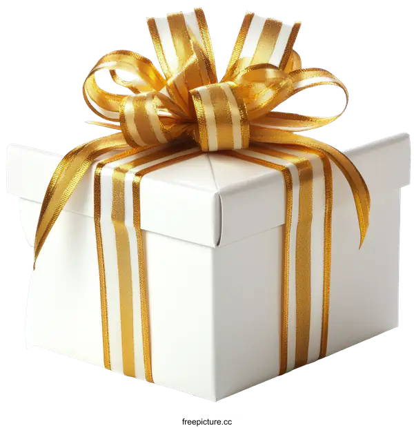 [Transparent Background PNG]White Gift Box with Golden Ribbon