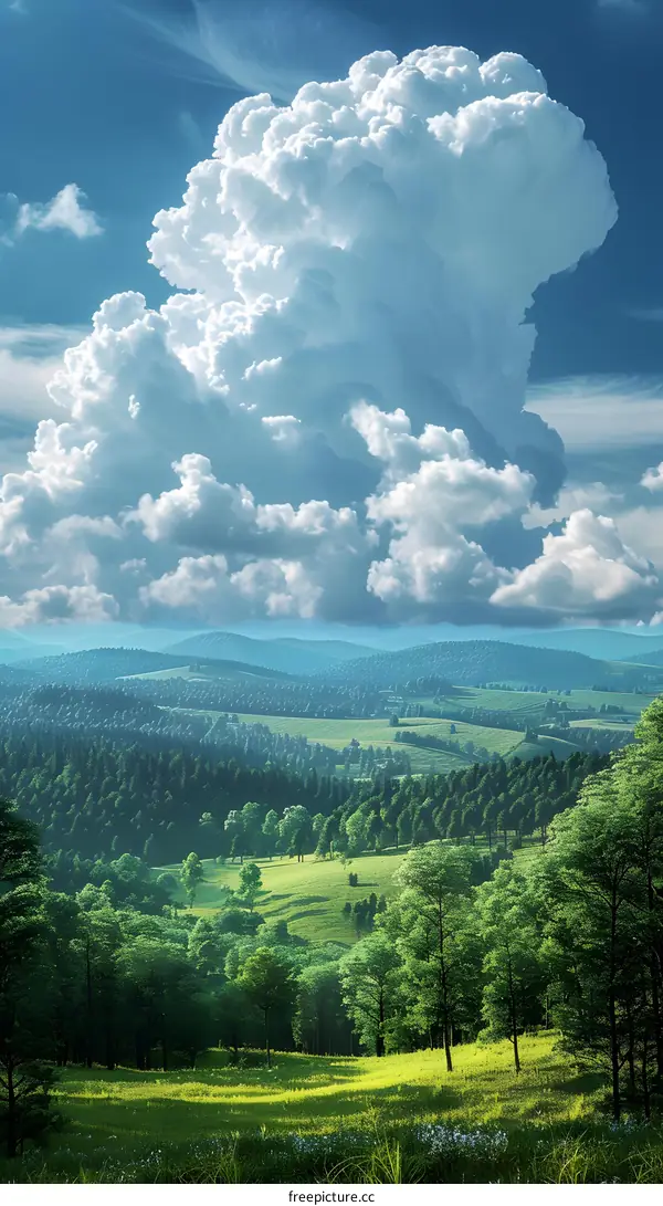 The verdant hills are shrouded in clouds