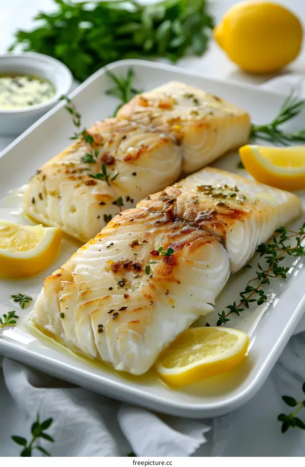 Two pieces of grilled fish with lemon and herbs on a white plate