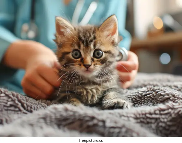Close-up of a veterinarian examining a kitten with a stethoscope