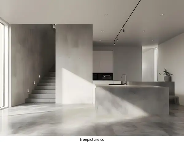Minimalist Kitchen Interior Design with Concrete Island and Staircase