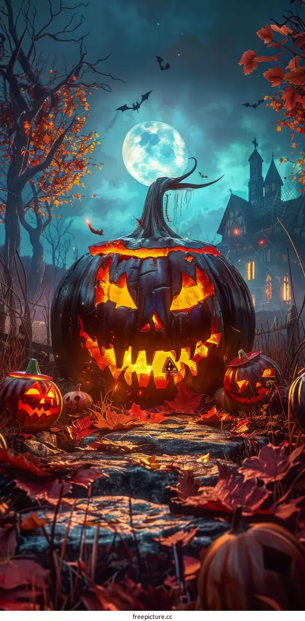 Spooky Halloween Pumpkin with Bats and Haunted House