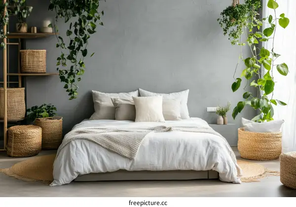Modern Bedroom with Greenery and Warm Lighting