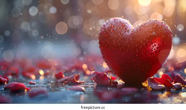 Red heart with water drops on a wet surface with blurred bokeh lights in the background