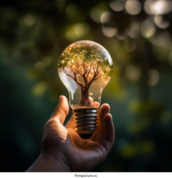 Hand holding a light bulb with a tree growing inside