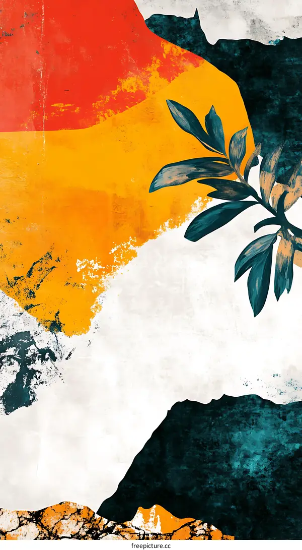 Abstract Minimalist Art Painting with Leaves and Orange and Teal Colors