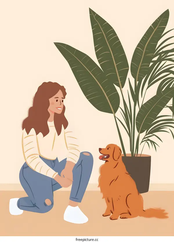Woman Sitting with Dog and House Plant