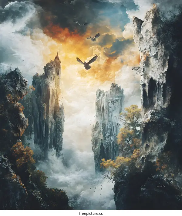 Fantasy Landscape with Majestic Mountains and Flying Birds
