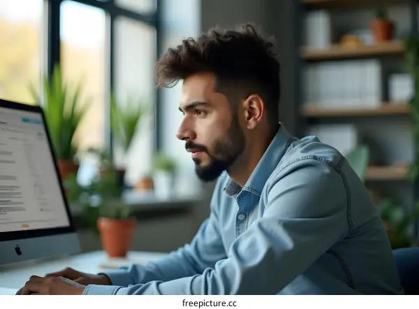 Concentrated Man Working On Computer in Office