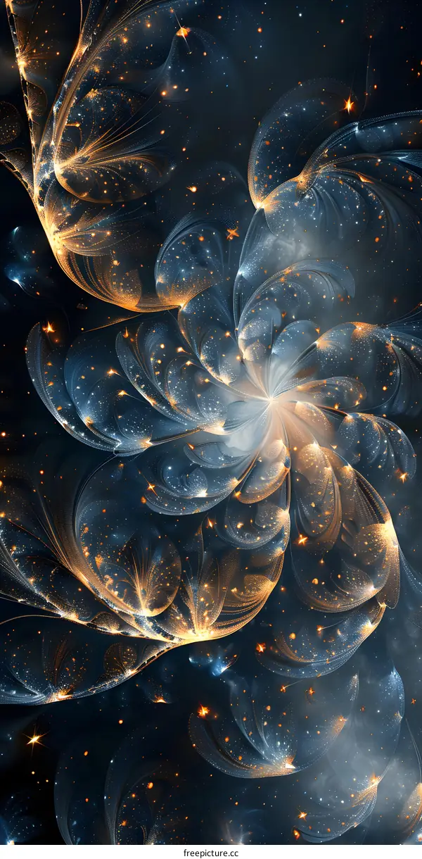 A science fiction illustration of golden flowers blooming on a deep blue background.