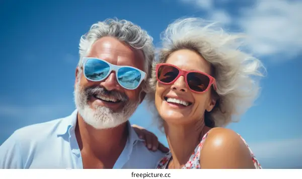 Happy retired couple smiling and wearing sunglasses
