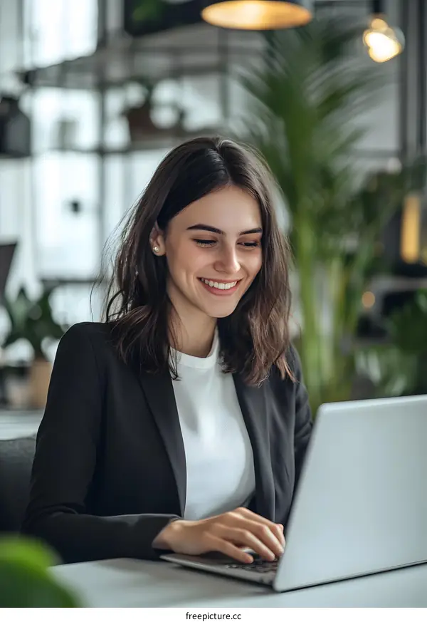 Smiling Woman Using Laptop in Modern Office Setting