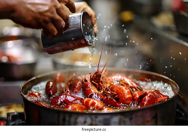 A chef is pouring water into a pot of live lobsters