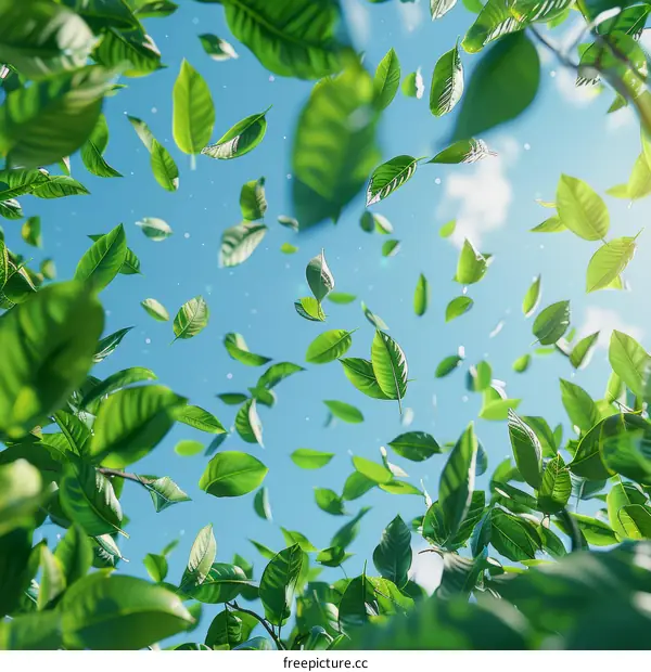 Green leaves falling from a tree against the blue sky