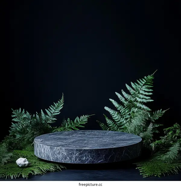 Dark Marble Podium with Green Ferns