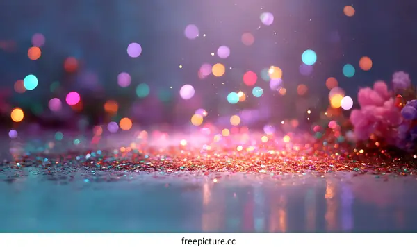 Colorful Glitter Background with Bokeh Lights and Flowers