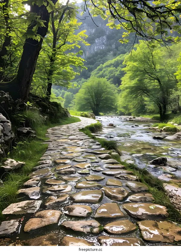 A stone path winds through a lush green forest next to a river