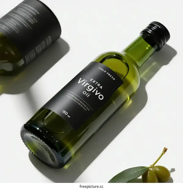 Extra Virgin Olive Oil in Green Glass Bottle with Olives