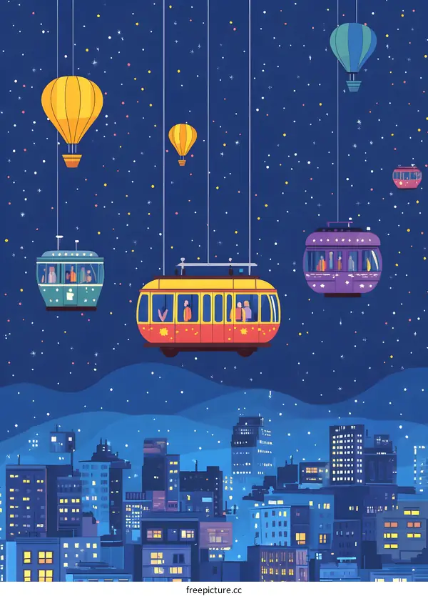 Night Cityscape with Hot Air Balloons and Cable Cars