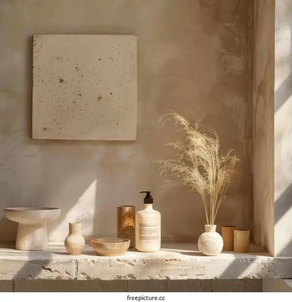 Minimalist Bathroom Decor with Dried Grass and Ceramic Objects on a Beige Stone Shelf