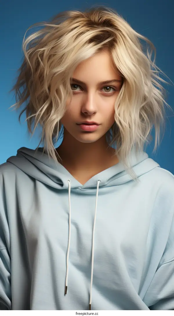 Portrait of a young blonde woman in a blue hoodie