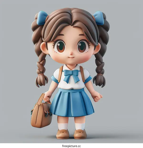 Smiling Female School Student in Blue Skirt and White Shirt Carrying Backpack