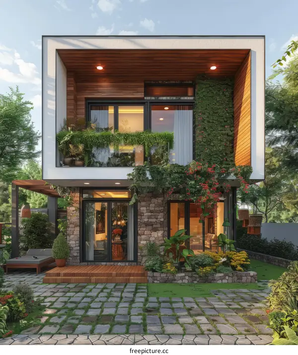 A stylish residence in nature with a beautiful garden and stone-accented exterior