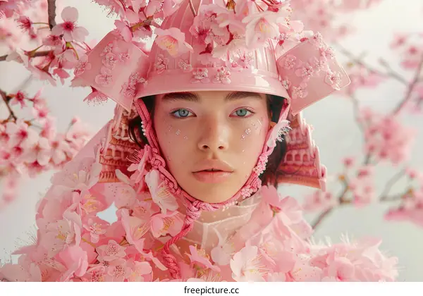 A young woman wearing a pink samurai helmet decorated with cherry blossoms.