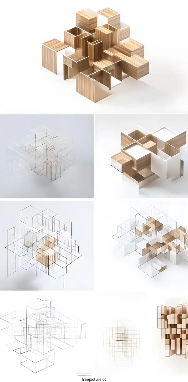 Abstract Wooden Cube Structure with Line Art