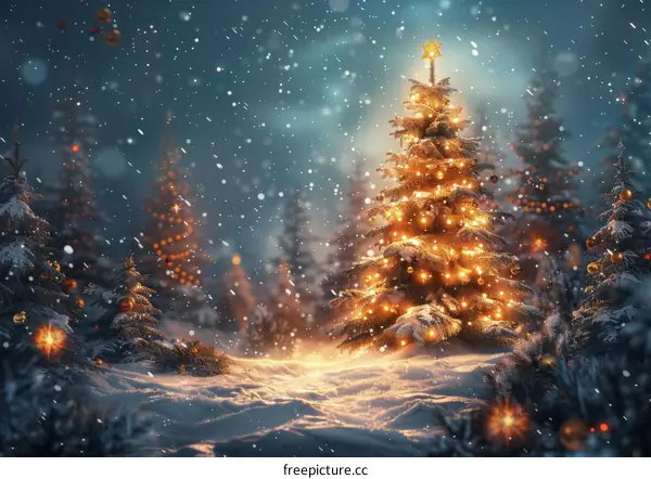 Christmas tree shining in the snow