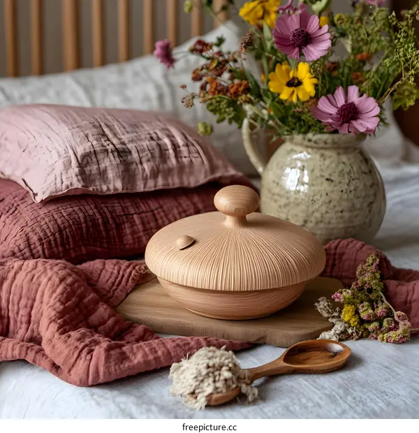 Wooden Aromatherapy Diffuser with Lid and Flowers