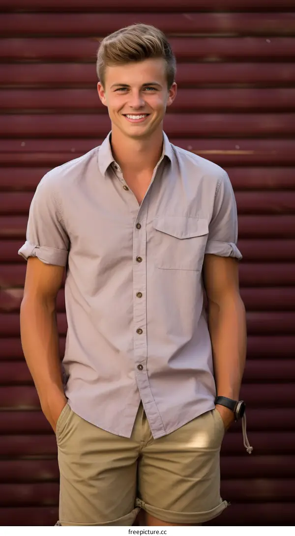 Young man with hands in pockets smiling